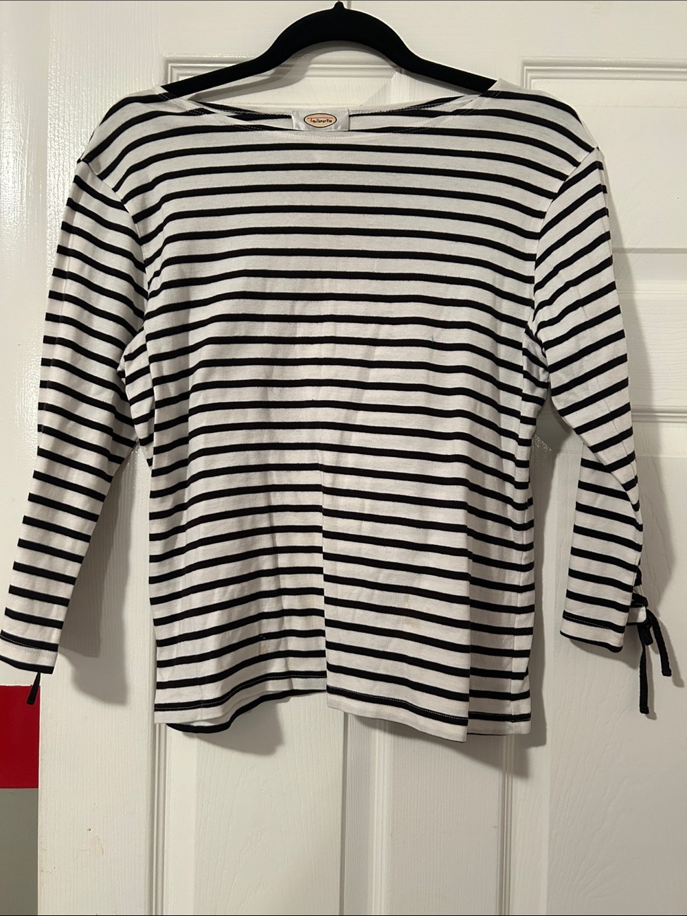 Talbots White and Black Striped Boatneck Long Sleeve Top with Sleeve Ties